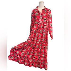Candy Skull Bright Pink Prairie Cottage Style Maxi Boho Dress Women’s Size M